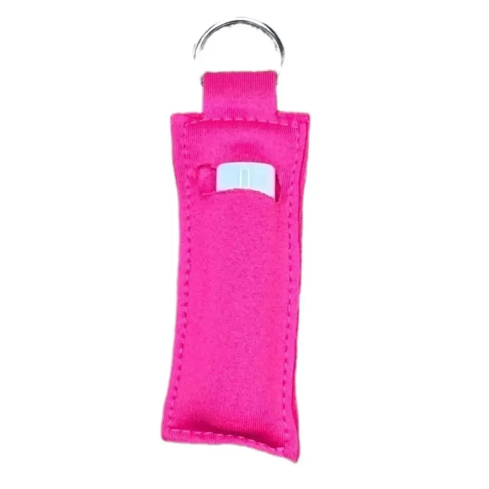 Lip balm holder key chain handmade made of Neoprene slight stretch pink